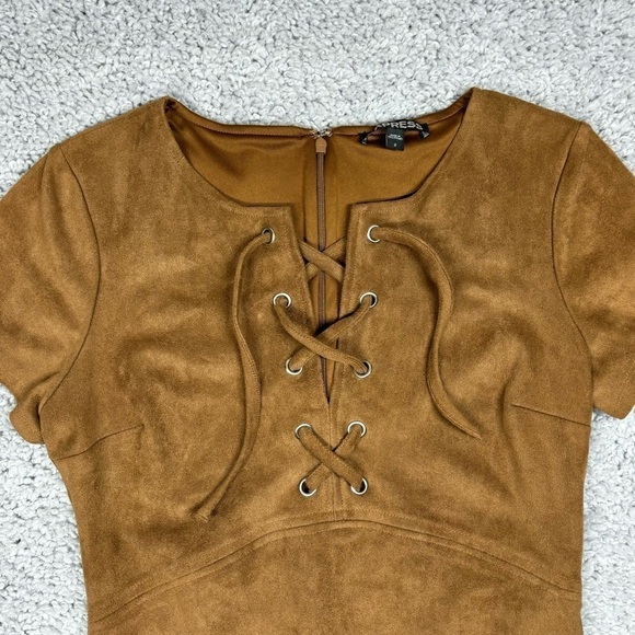 Express Dress Womens 2 Lace Up Neck Faux Suede Camel Mini Western Country Party - Picture 2 of 8